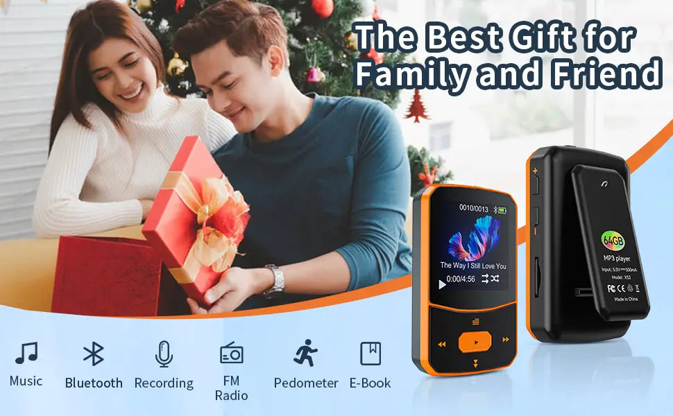 RUIZU X52 Orange MP3 Player Bluetooth Sport with Clip 1.5” TFT Color Display support up to 128GB TF Card FM Radio,Pedometer