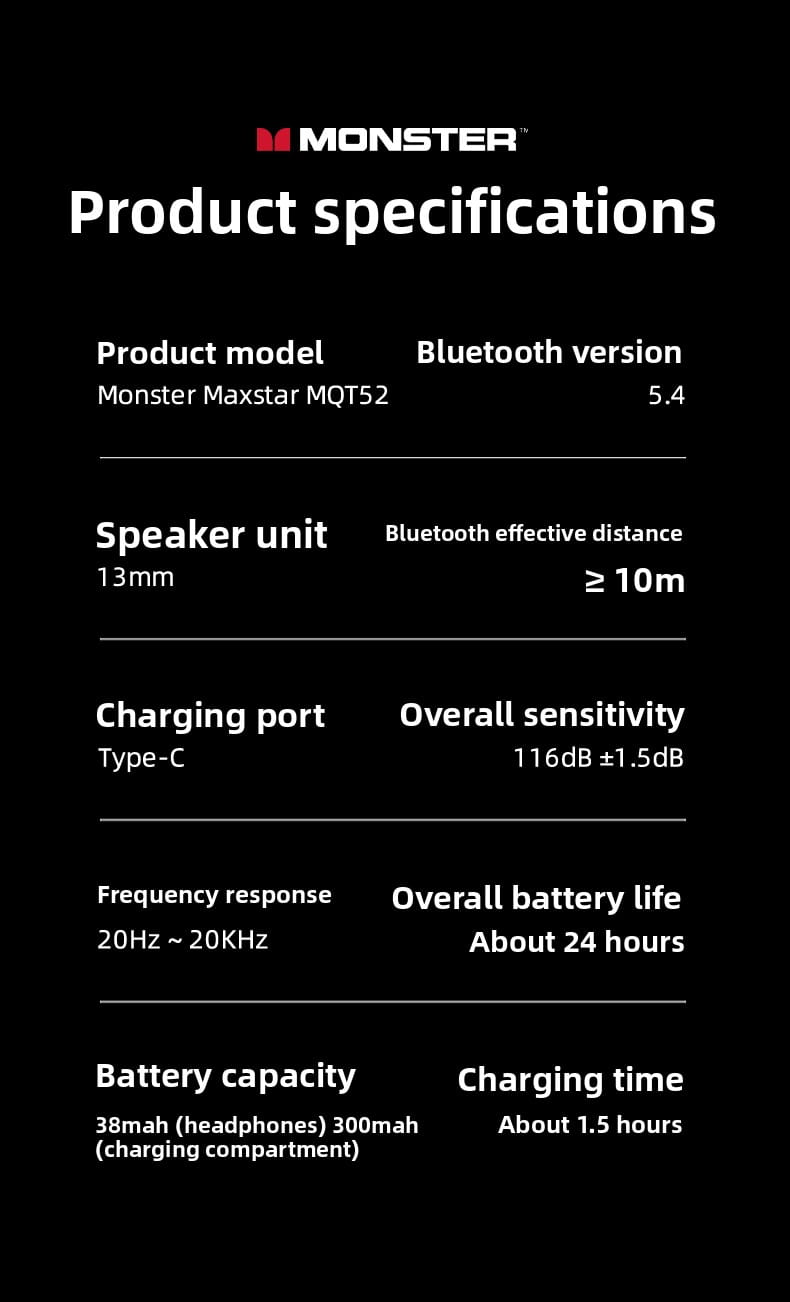 New Monster MQT52 TWS Wireless Bluetooth 5.4 Headset HIFI Stereo Music Gaming Earphones Talking Noise Canceling Earbuds
