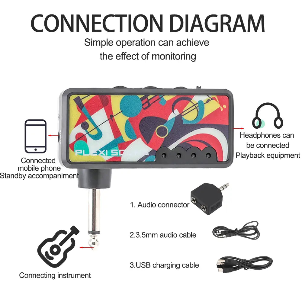 Electric Guitar Amplifier Headphone Amp,Portable Heavy Metal USB Rechargeable Battery Mini Pocket Headphone Amplifier for Guitar