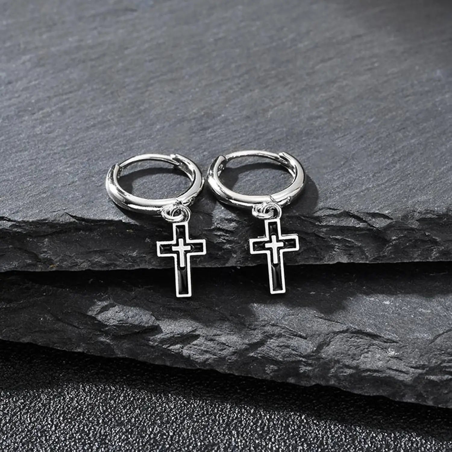 Hip Hop Cross Huggies Earrings for Men Boys,Simple Metal Cross Hoop Earrings,Piercing Earring Gift