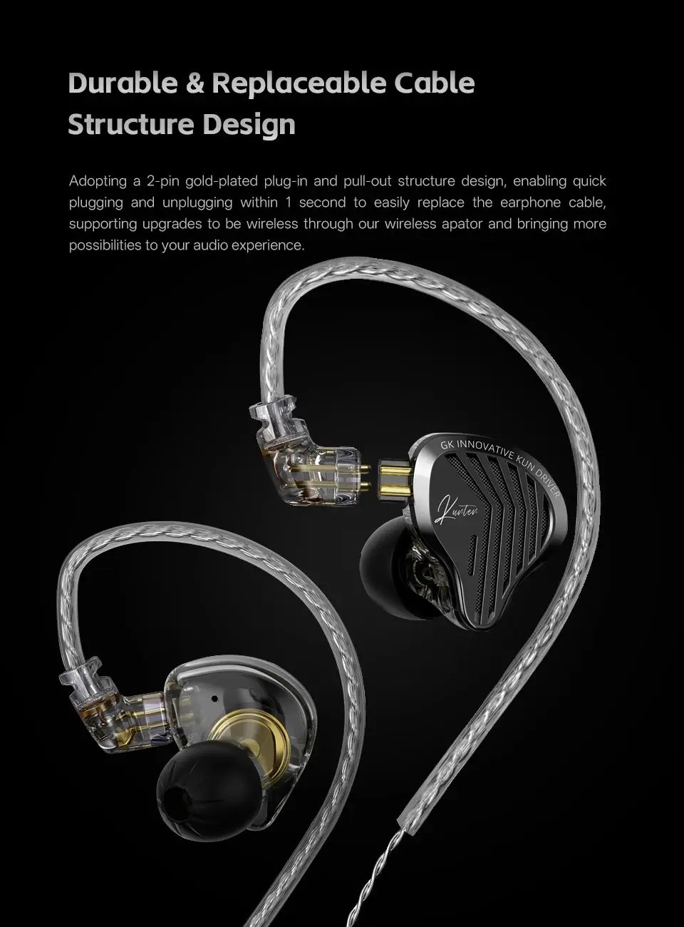 GK KUNTEN Dynamic Drive Headphones HIFI Heavy Bass Earbuds Sports Metal Headphones Detachable Headphones Gaming Headset Type-C