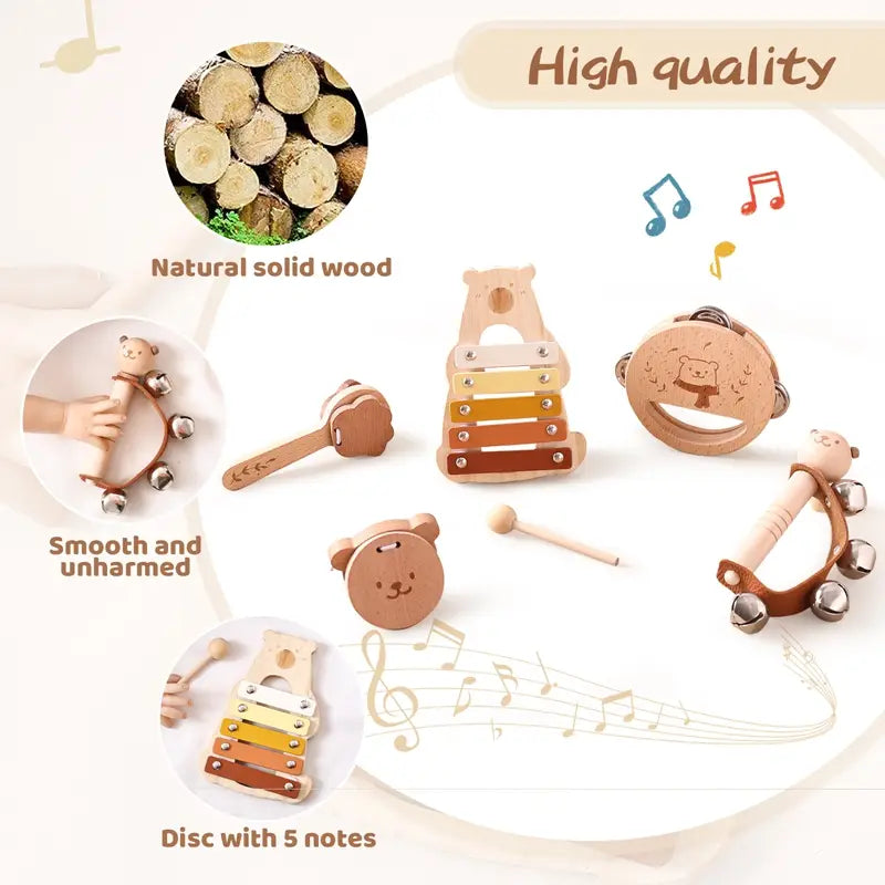 Baby Musical Toys Wooden Bear Rattle Bell Drum Xylophone Percussion Early Educational Instrument Playthings for Toddlers Kids