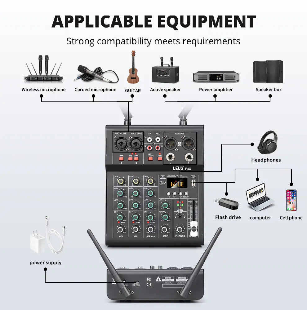 LEUS F4X Audio 4 Channel Sound Mixer With Dual UHF Wireless Microphone DJ Console Mixing for karaoke Party PC Studio Recording