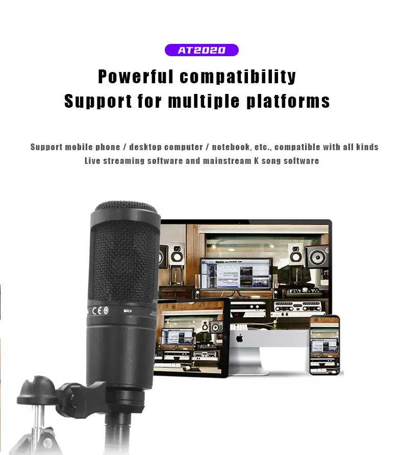 AT2020 Wired XLR Condenser Microphone Podcasting Desk Mic Stand Home Recording Studio For Singing Live Screaming