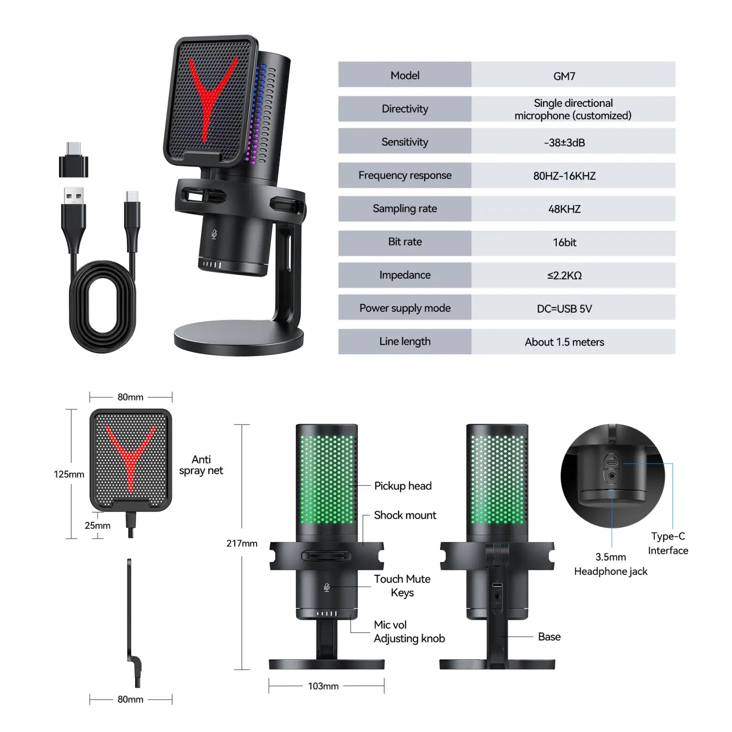 Computer Professional Gaming Condenser Microphone Karaoke Mic PC Laptop USB Wired Live Streaming Podcast Studio Mike Kit Gamer