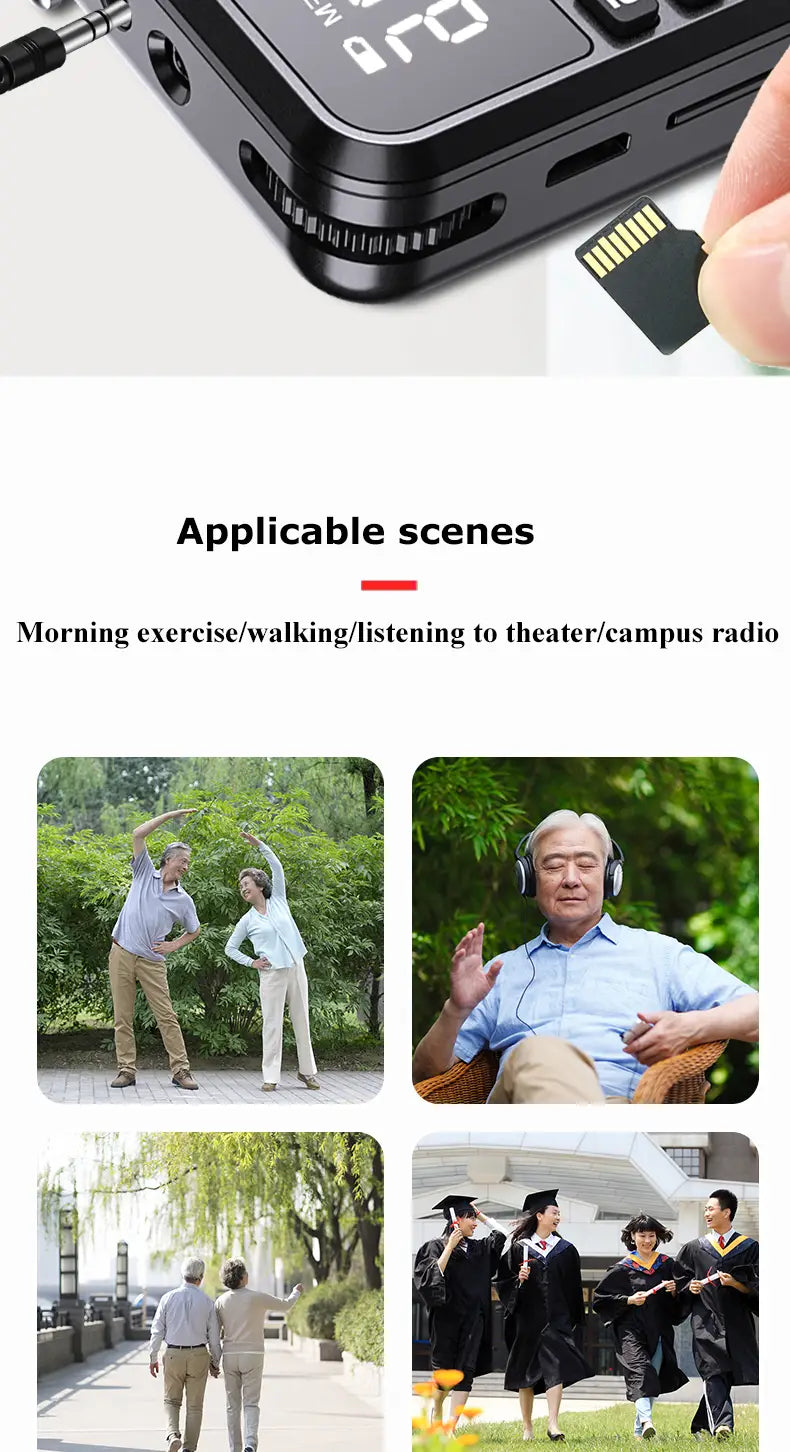 Portable FM Mini Radio Dual Antenna Pocket Radio Receiver Bluetooth 5.0 Speaker TF Card Music Player with LED Flashlight