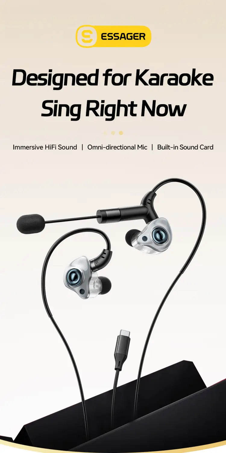 Essager Type-C Karaoke Earphones With Built-in Sound Card HiFi Stereo Music Wired Earbud Headset With Mic for Singing/Live/Game