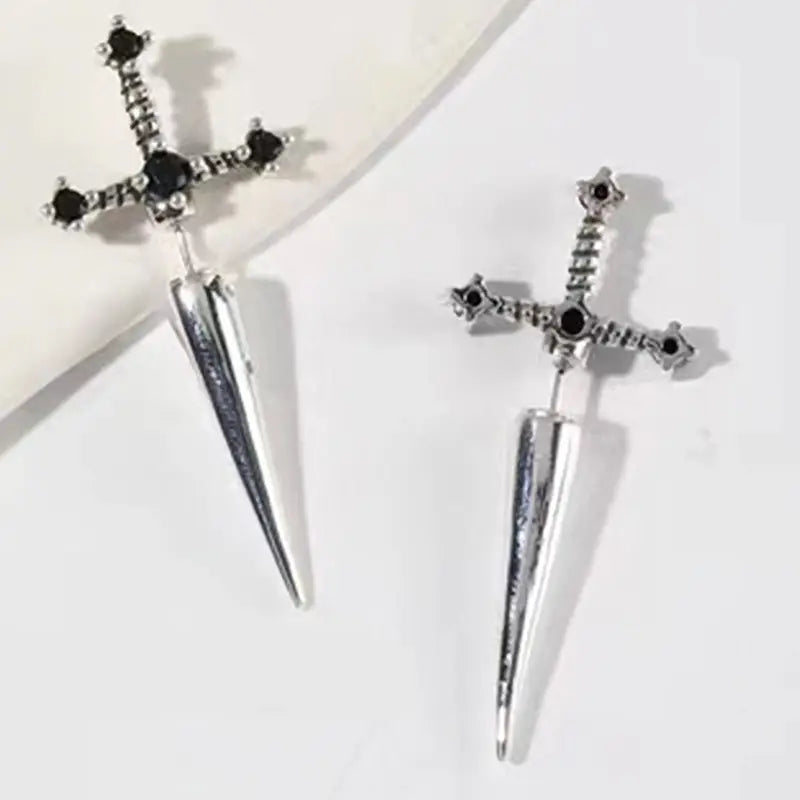 Hip Hop Cross Sword Stud Earrings For Women Classic Blask Crystal Stone Silver Ox Gold Black Color Personality Simple Jewelery
