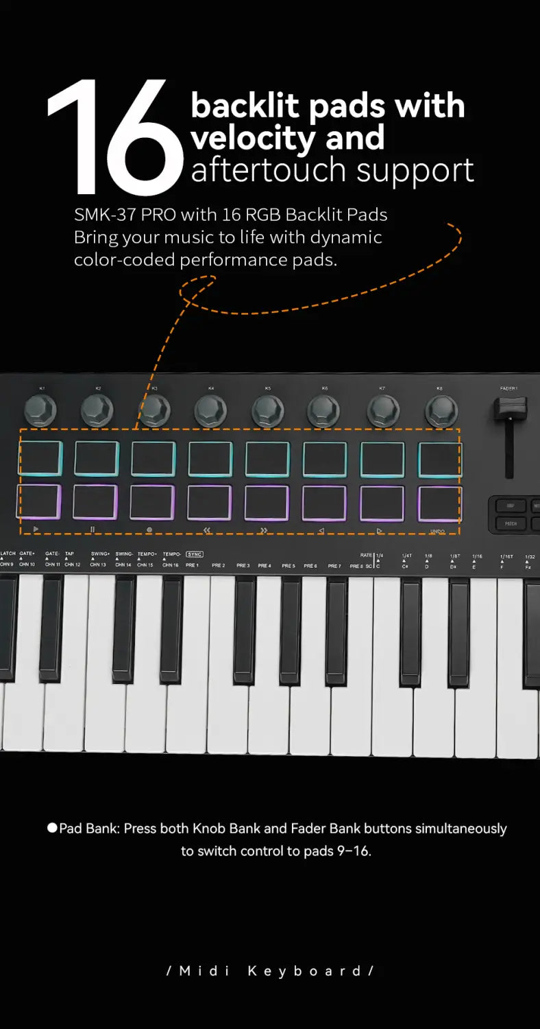 M-VAVE SMK-37 PRO Keyboard w/16 RGB Pads,8 Knobs & Wireless Bluetooth|Velocity-Sensitive Keys,Synth Engine/Music Production