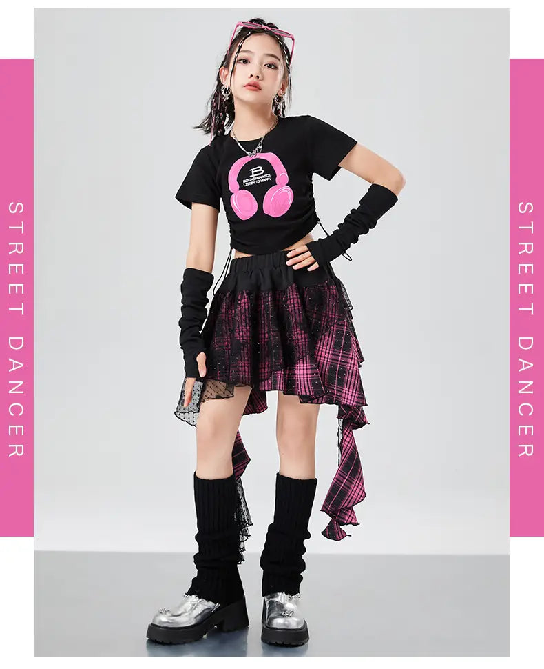 Kids Hiphop Fashion Style Rapper Clothes Set For Girl T-shirt Skirt Hip Hop Outfit Child Dance Wear Streetwear y2k Costume Suit