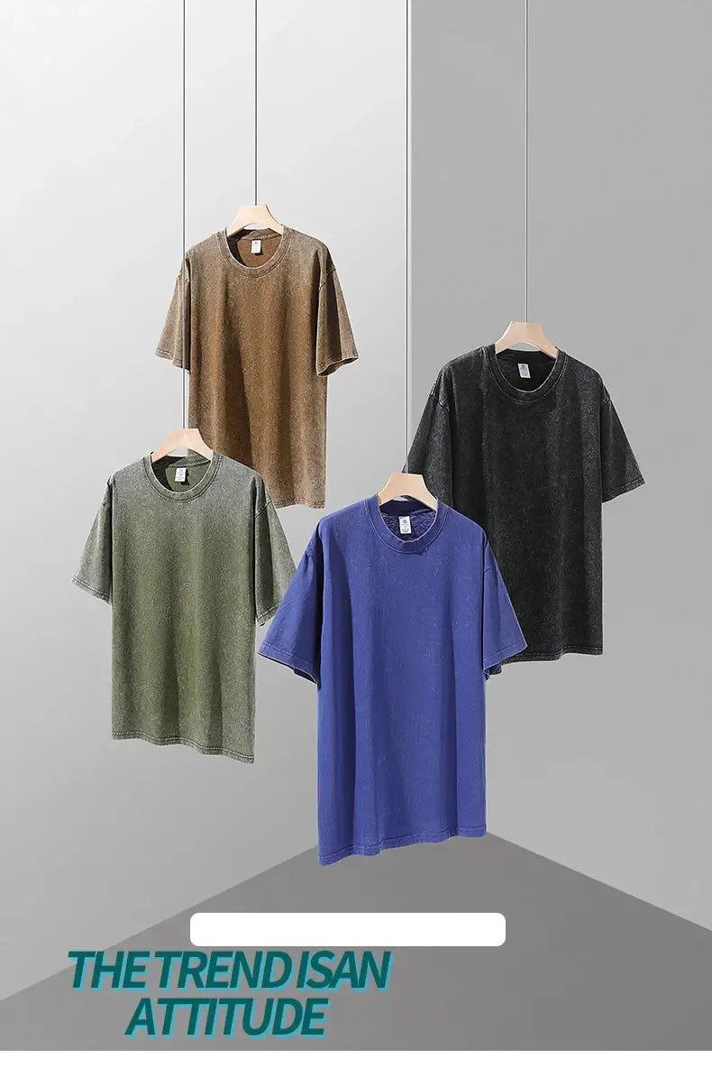 250gsm Men’s Washed Vintage T-Shirts Street Hip Hop Retro Punk T Shirt Women Harajuku Casual Cotton Short Sleeve Acid Wash Tops