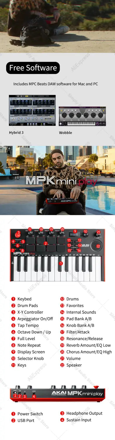 akai professional mpk mini play mk3 plus midi keyboard piano arranger music controller