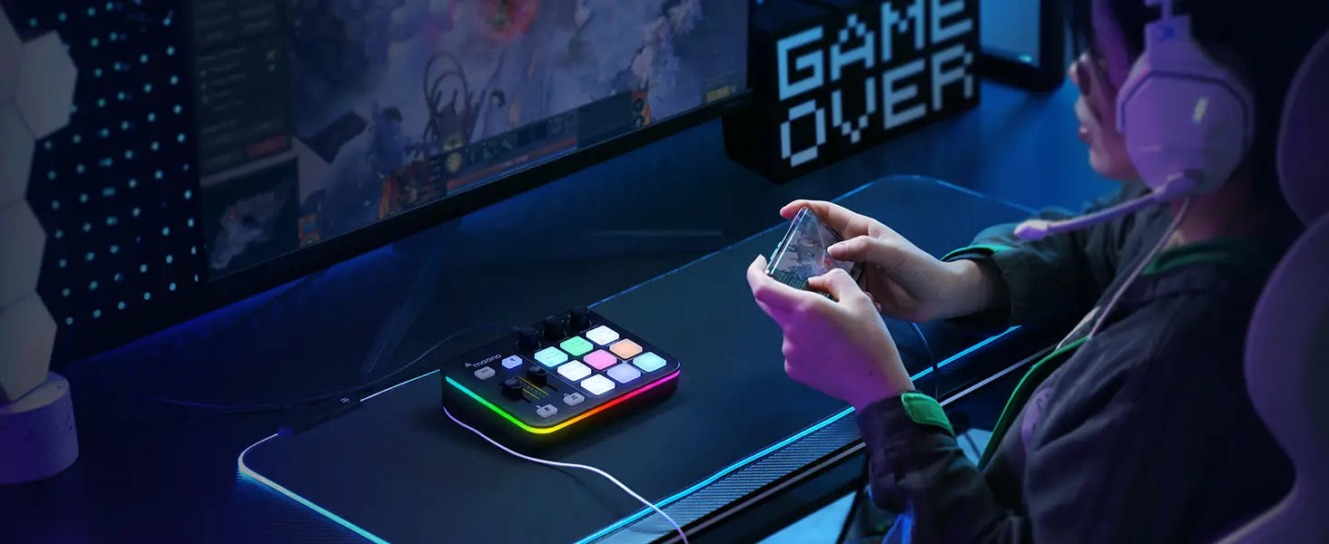 MAONO G1 NEO Gaming Audio Mixer,Custom Sound Effects RGB Streaming with XLR Microphone Audio Interface,for Game Voice,Podcast