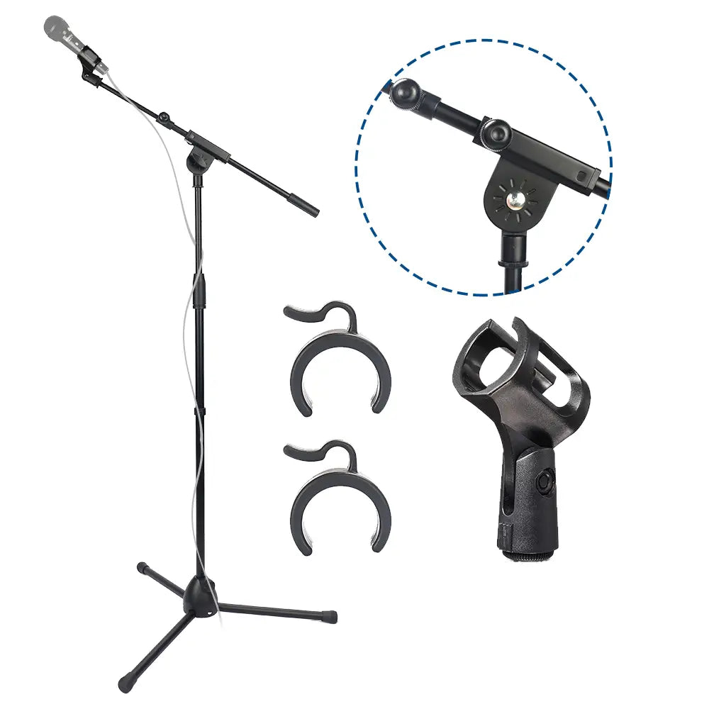 Microphone Stand Foldable Heavy Duty Tripod Karaoke Stands Floor Adjustable Boom Arm Length From 17’’ To 31’’ with Holder Clip