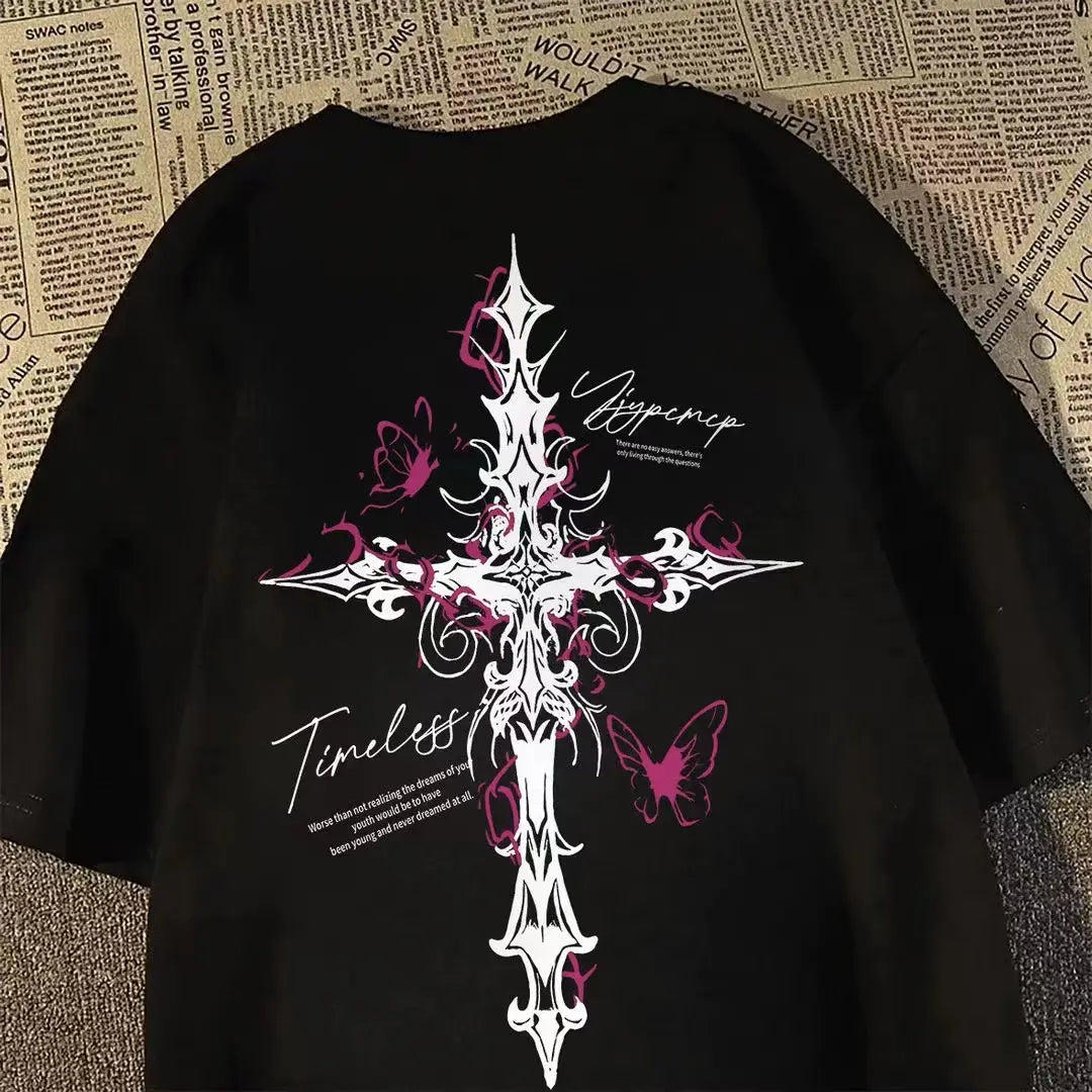Hip-hop Cross Print Loose Short-sleeved T-shirt for Men and Women American High Street Style for Summer