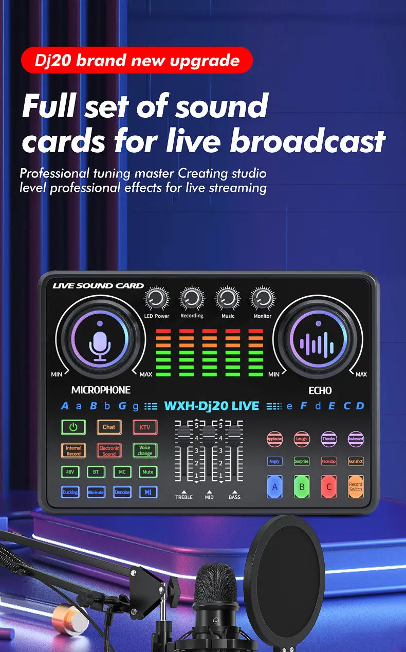 DJ20 Sound Card Kits Studio Record Professional Mixer Singing 48V Microphone BM800 for Karaoke Podcast Recording Live Streaming