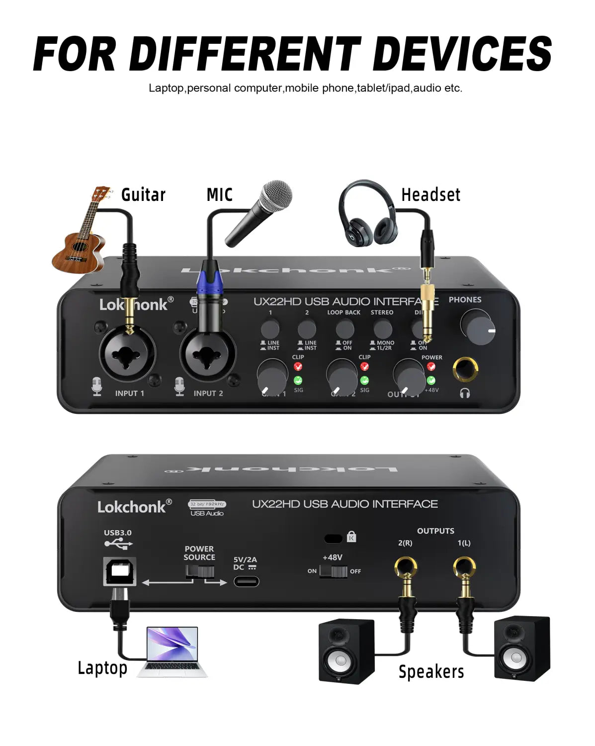Lokchonk UX22 Audio Interface Studio Quality Recording Sound Card for Guitarist Singer Podcast Music Production