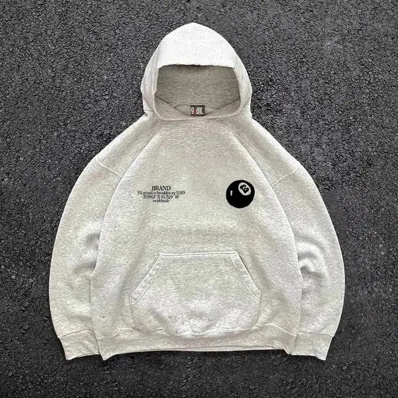 Retro 8-ball pattern hooded men’s streetwear,oversized pullover casual and fashionable sportswear daily wear and hip-hop style