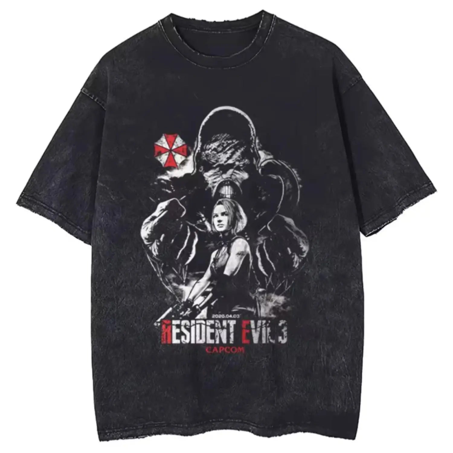 Hip Hop Washed Black T-shirt Street Clothing Retro Pattern Resident Evil T-shirt Cotton Hippie Unisex T-shirt Men’s Gym Top