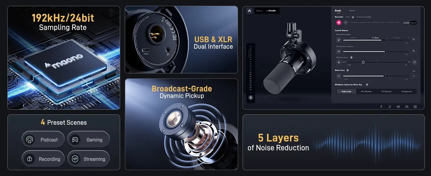 Maono PD300X Dynamic Microphone XLR USB Podcast Recording Mic 192kHz24bit For Content Creation Home Audio Studio Noise Reduction