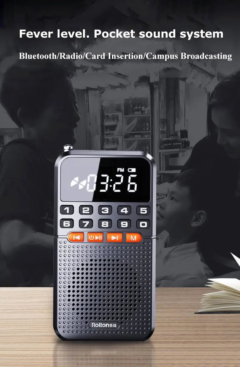 Portable FM Mini Radio Dual Antenna Pocket Radio Receiver Bluetooth 5.0 Speaker TF Card Music Player with LED Flashlight