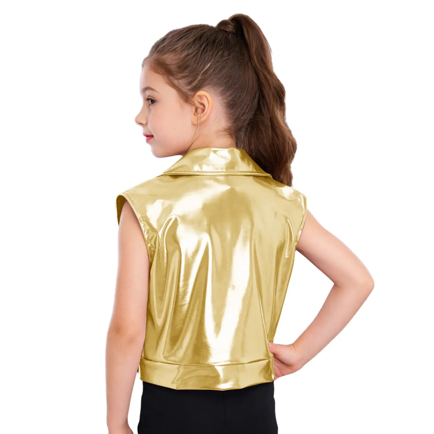 Kids Boys Girls Hip Hop Jazz Dance Performance Costume Turn-Down Collar Vest Zipper Metallic Jacket Tops Sleeveless Outerwear