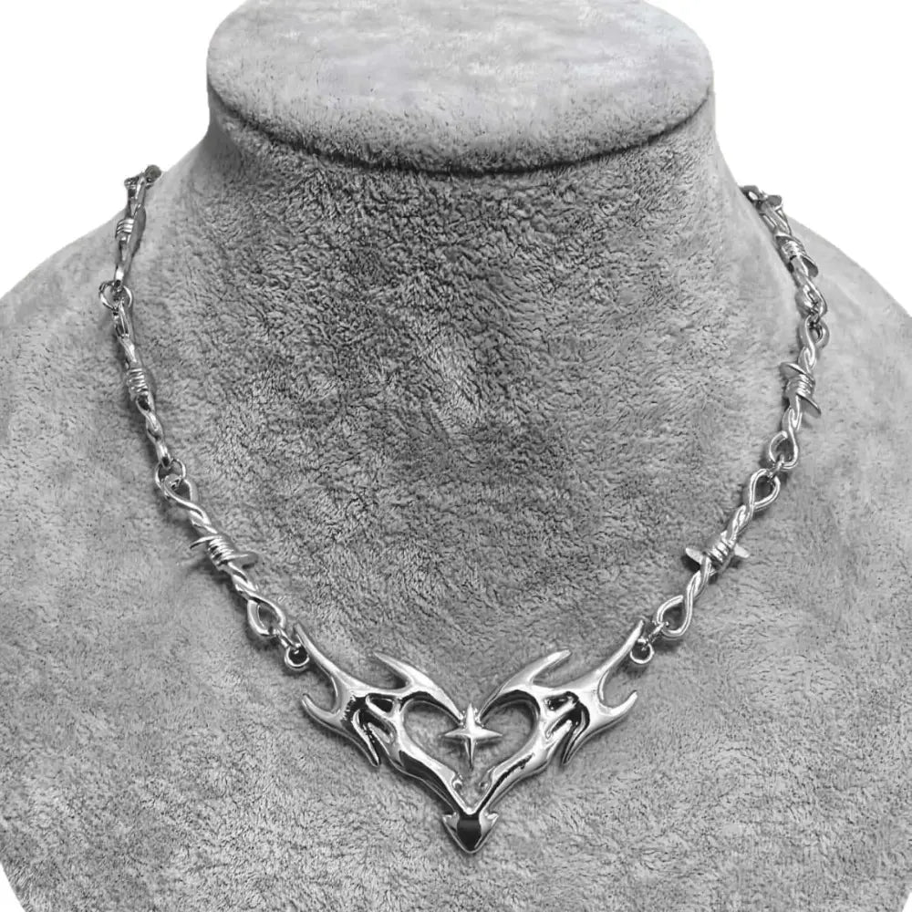 Hip Hop Personality Sliver Color Hollowed-out Flame Totem Heart-shaped Cross Thorny Chain Collar Necklace for Women Men Jewelry