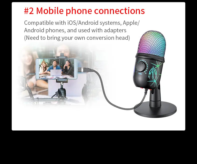Gaming Microphone USB Microphone for PC Condenser Podcast Mic for Studio Recording with Headphone Jack Led Noise Cancellation