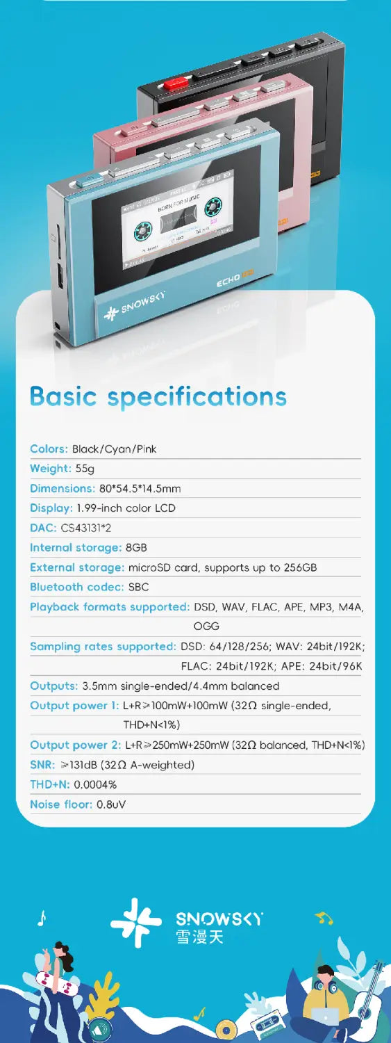 In Stock Fiio Snowsky Echo Mini Wireless Bluetooth Mp3 Walkman 8GB Custom Support Dsd Retro Portable Bluetooth Player Music Gift