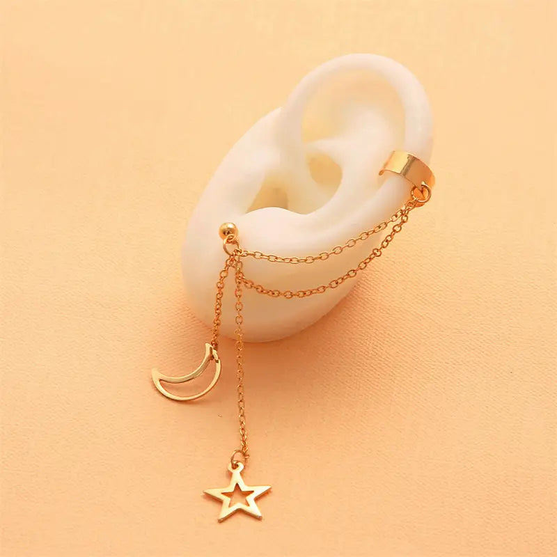 New Hiphop Clip Earrings for Women Star Moon Pendants Ear Cuff Punk Personality Gold Color Tassel Ear Clips aretes de mujer