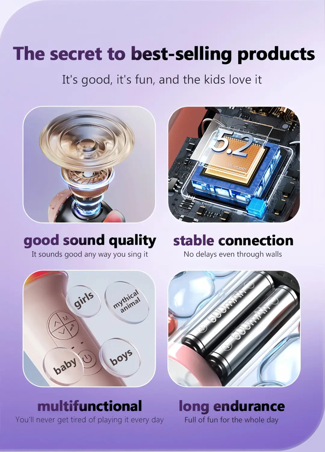 Wireless Karaoke Microphone with Speaker BT 5.3 No Delay 52mm Speaker No Howling Portable Mic for Singing with Lights
