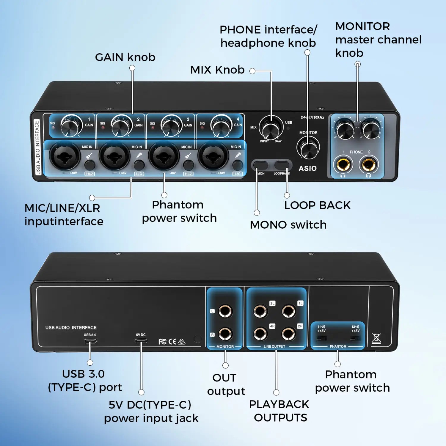 Depusheng MQ44 Professional 4 Channels Audio Interface Built in ASIO Driver High impedance for Studio And Live Performances