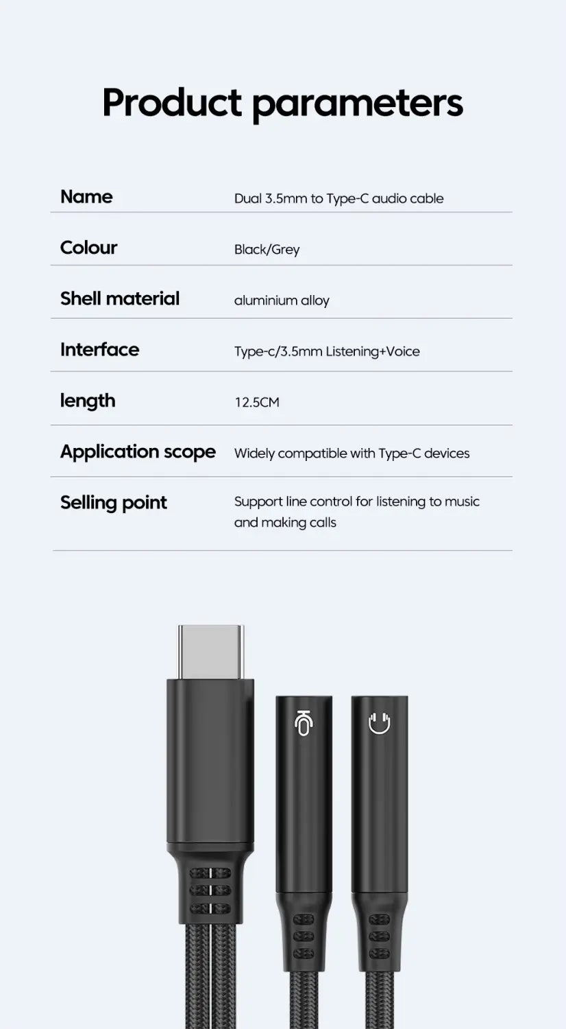 Type C Male To 3.5MM Jack Audio Cable Dual Female Adapter DAC 2-in-1 Music Voice Microphone Splitter Cable for iphone 15 16