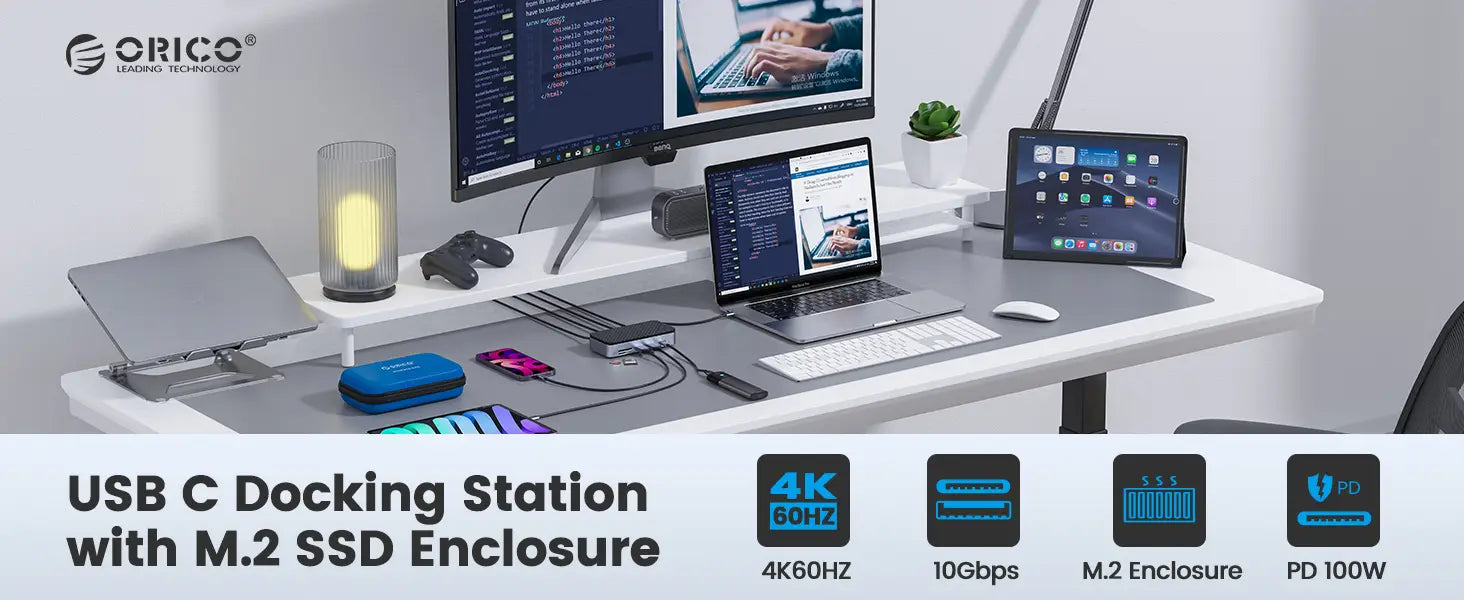 ORICO-USB C HUB with Cooling Fan M.2 NVMe SATA SSD Enclosure External 10Gbps 4K 60Hz HDMI-Com RJ45 SD TF Docking Station
