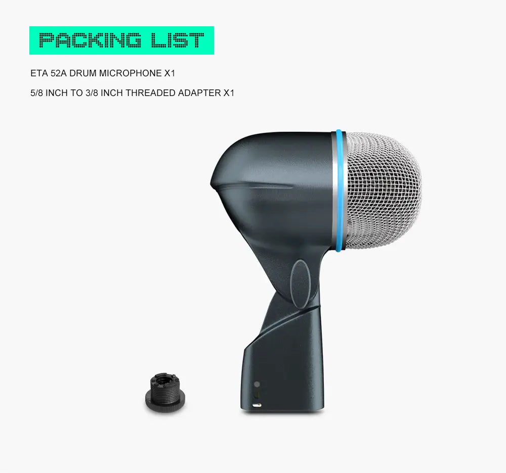 BETA 52A Drum Microphone Instrument Kick Drum Bass Mic Dynamic Bass Snare Metal Body