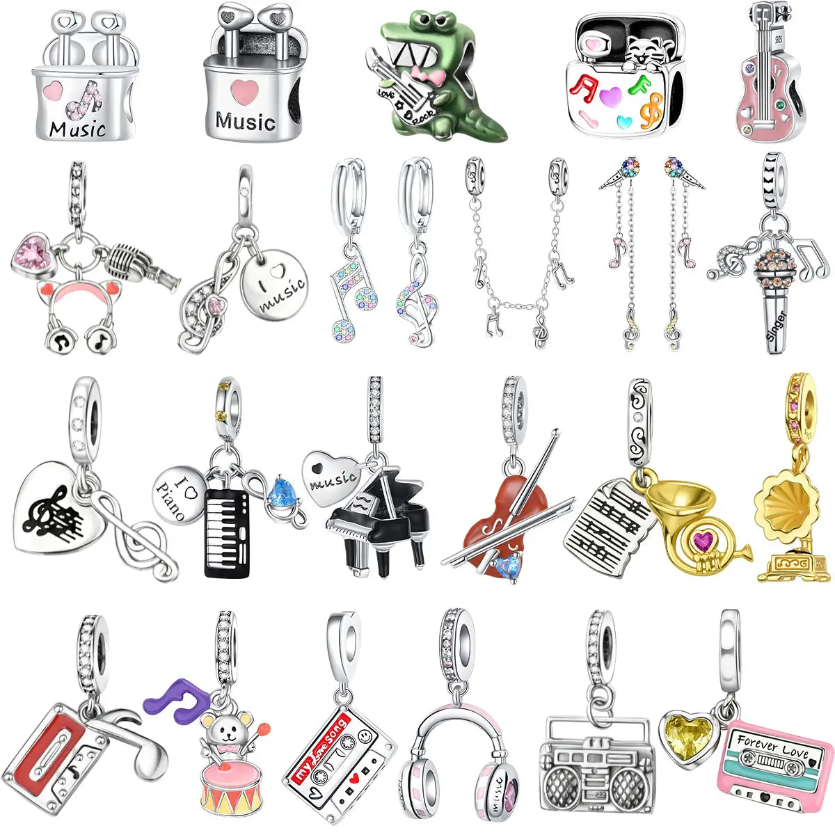 925 Sterling Silver Musical Instrument Charms Beads Piano Guitar Earphone Pendants Earrings Fit Bracelet DIY Fine Jewelry Gift