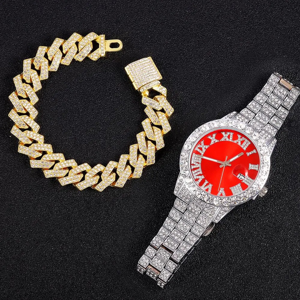 Exquisite Necklace + Watch + Bracelet Hip Hop Rapper Cuban Chain Gold Color Iced Out Paved Rhinestone Men African Jewelry Set New