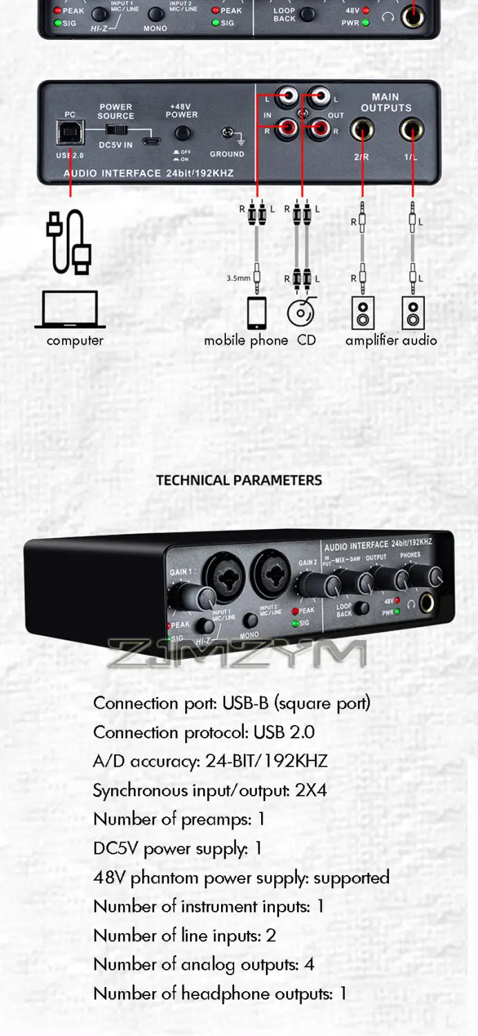 Professional Sound Card Audio Mixer for Electric Guitar - Channel Monitoring Live Recording Studio Singing - USB Interface