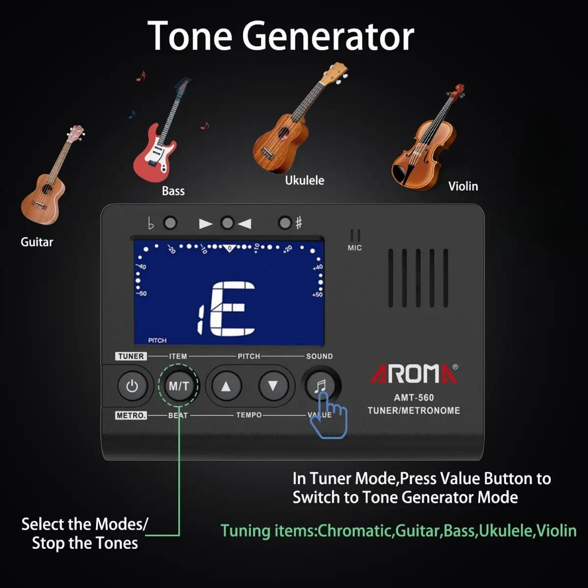Aroma AMT-560 3 in 1 Metronome Tuner Built-in Mic w/ Pickup Cable 6.3mm/LCD Display for Guitar Chromatic Bass Violin Ukulele