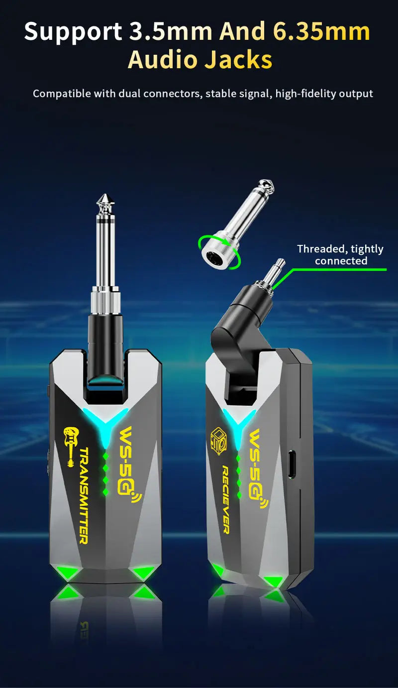 5.8GHz Wireless Guitar System Audio Rechargeable Transmitter Receiver – Works with 3.5mm & 6.35mm Jacks No Pairing Required