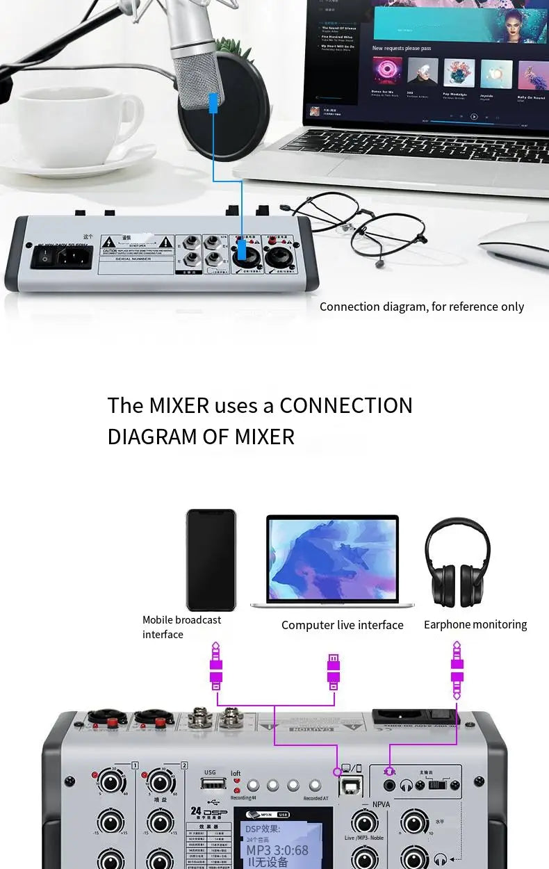 Sound card live mixer Mobile phone Computer Home Karaoke recording Bluetooth reverb effect Professional dj controller mixer