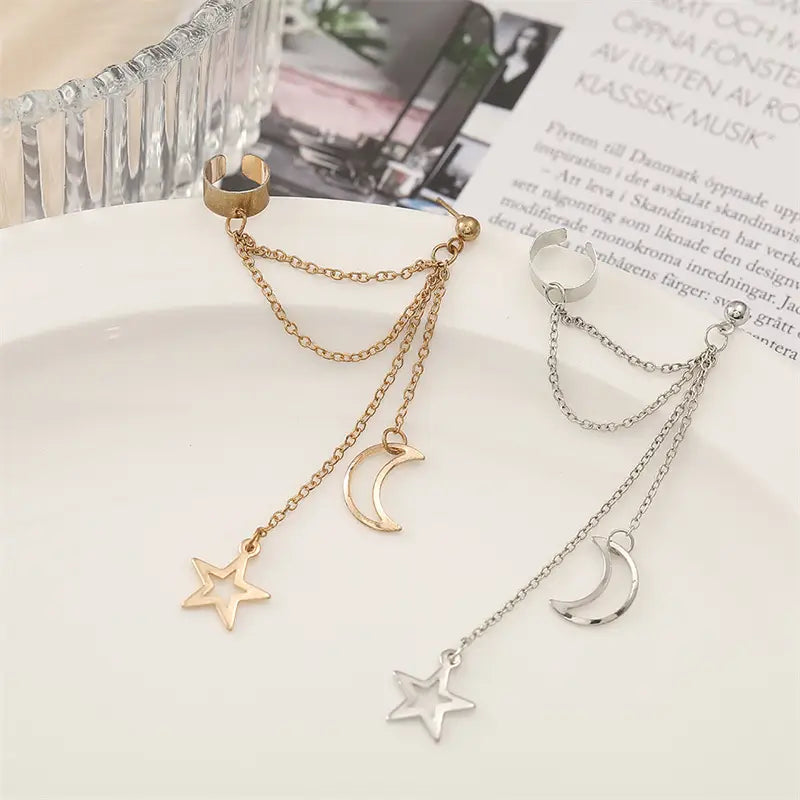 New Hiphop Clip Earrings for Women Star Moon Pendants Ear Cuff Punk Personality Gold Color Tassel Ear Clips aretes de mujer