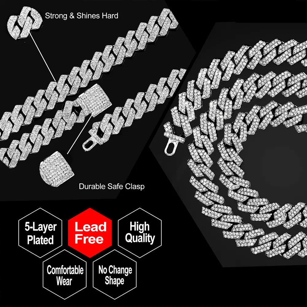 Hip Hop 14MM Prong Cuban Link Chain Necklace & Bracelet Iced Out Bling Cuban Chain Rhinestone Chains For Men Punk Rapper Jewelry