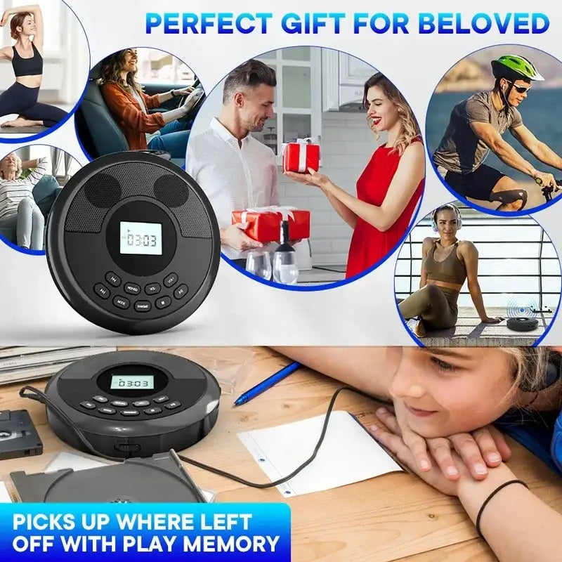 CD Player with Speaker Stereo and Headphones Bluetooth USB MP3 Music U Disk Album Players Portable Rechargeable Discman Walkman