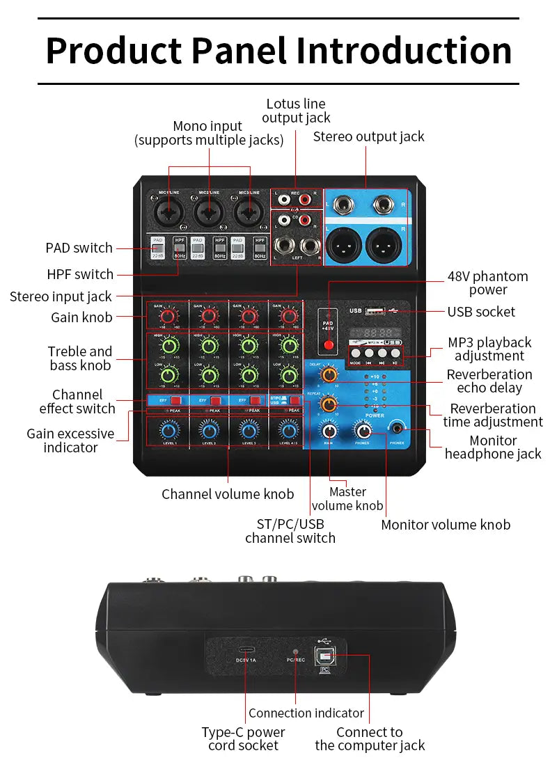 5 - Way Computer Recording Free Drive Sound Card Mixing Console Mixer Audio Professional Pro Audio Equipment Interface Processor