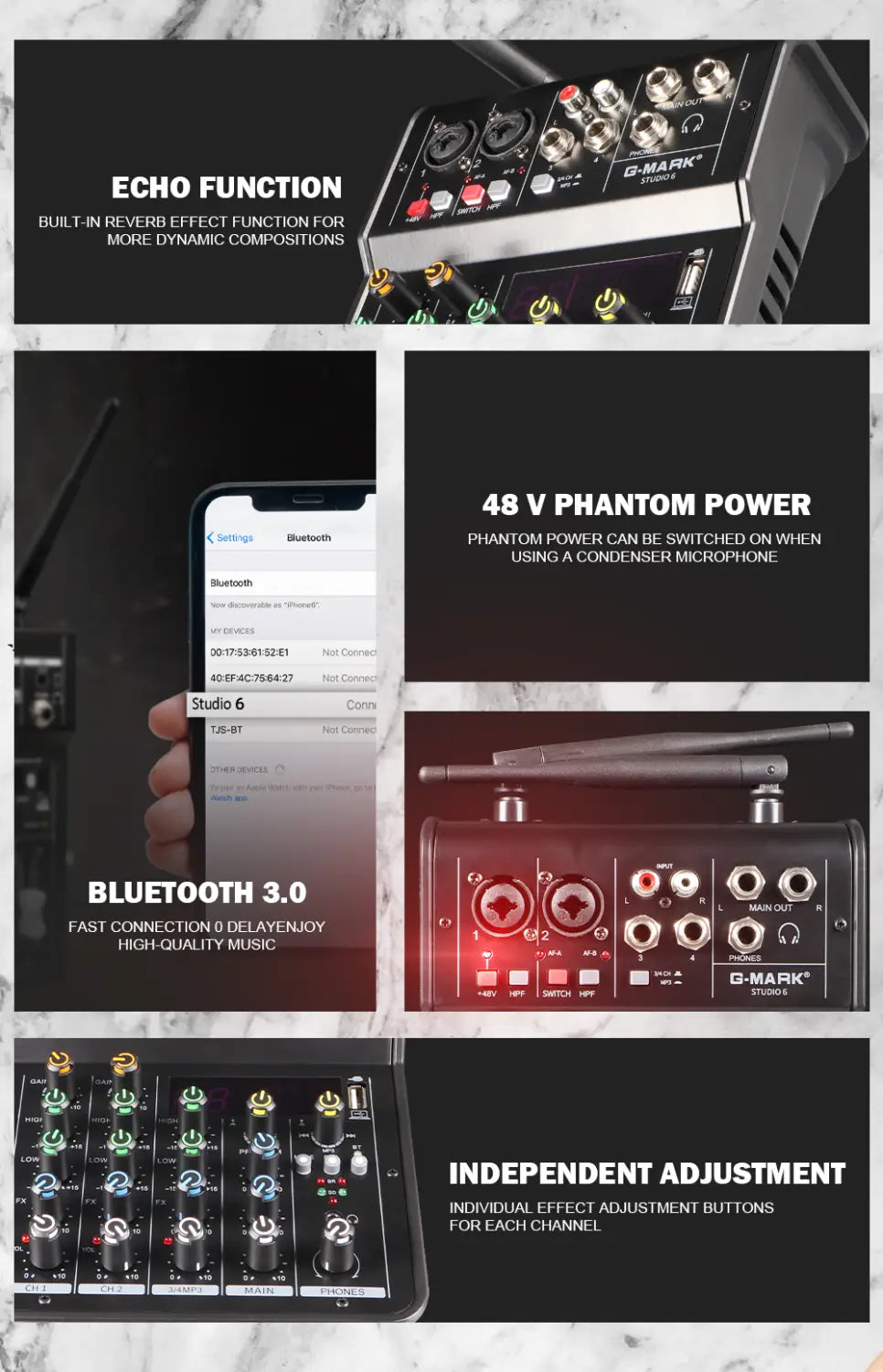 Audio Sound Mixer With Microphone G-MARK Studio 6 Bluetooth Portable DJ Console + 48V USB Interface Mixing Boards For Live