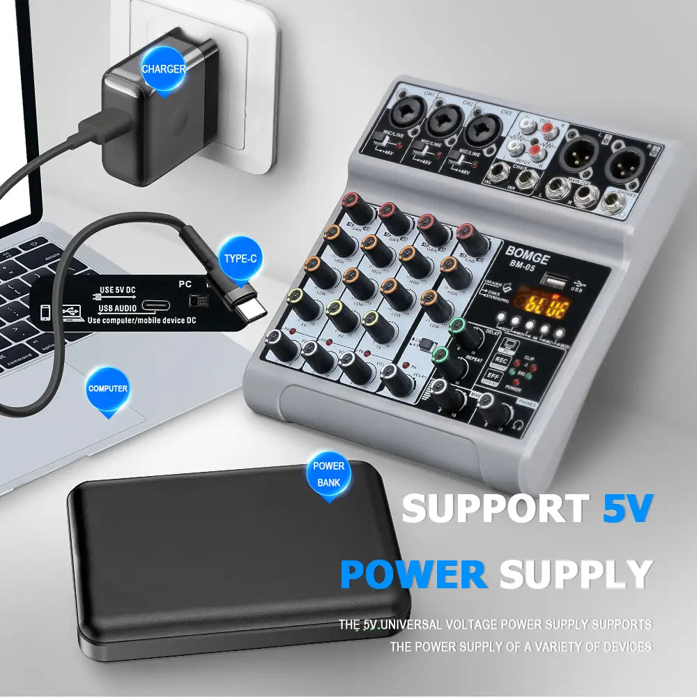 Mixer BM-05 Dj Mixing Console Met Bluetooth 48V Phantom Power Monitor Karaoke Systeem Usb Mixer Audio