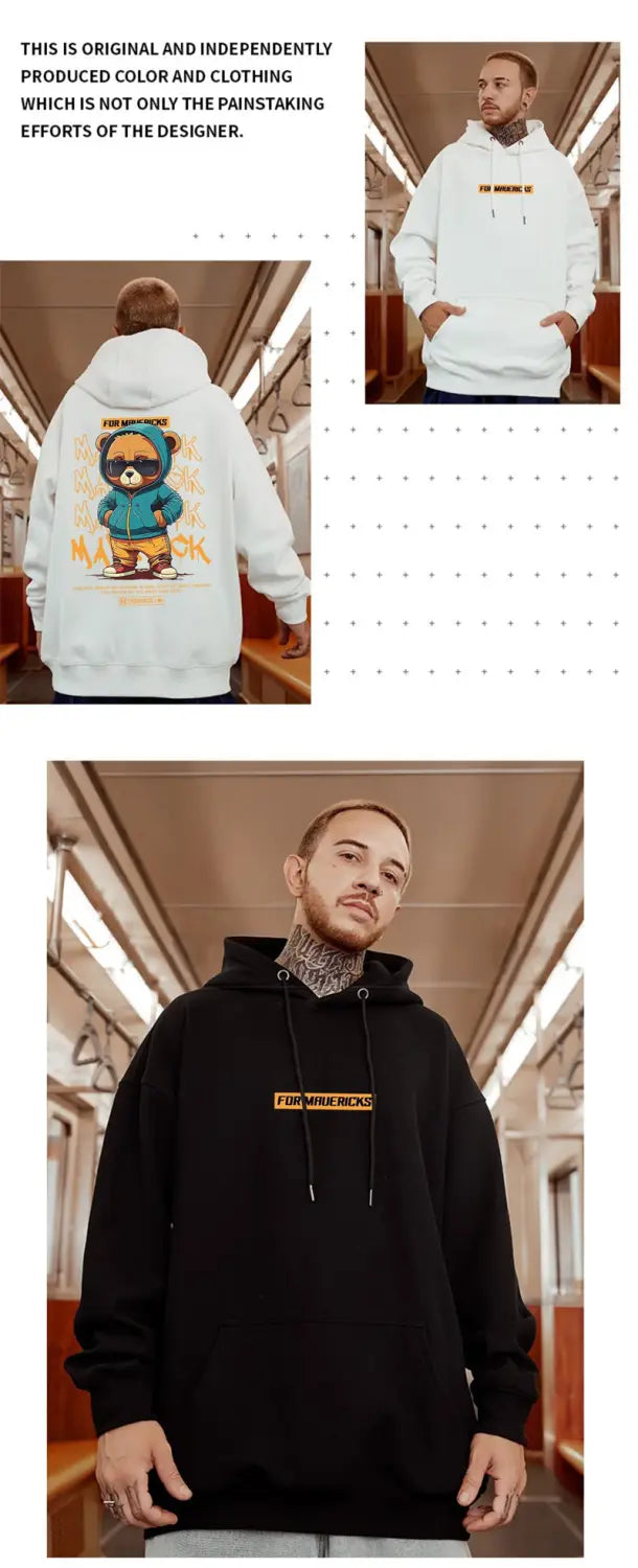 New in Hip Hop Bear Graphic Print Hoodies For Men Oversized Streetwear Y2K Hoody Sweatshirts Fleece Casual Pullover Hoodie