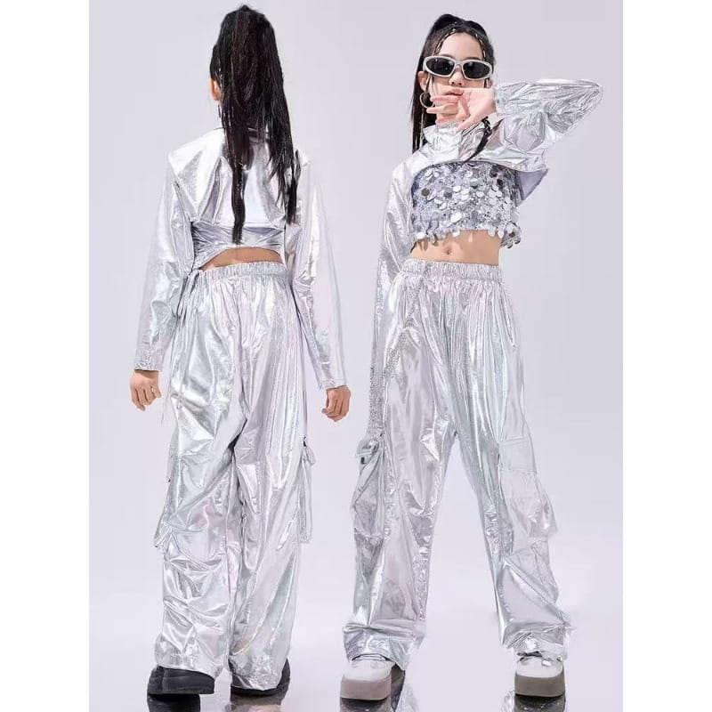 Hip-Hop Dance Clothes Reflective Rave Outfit Girl Sets Jazz Dancewear Festival Crop Tops Cargo Pants Catwalk Show Costume