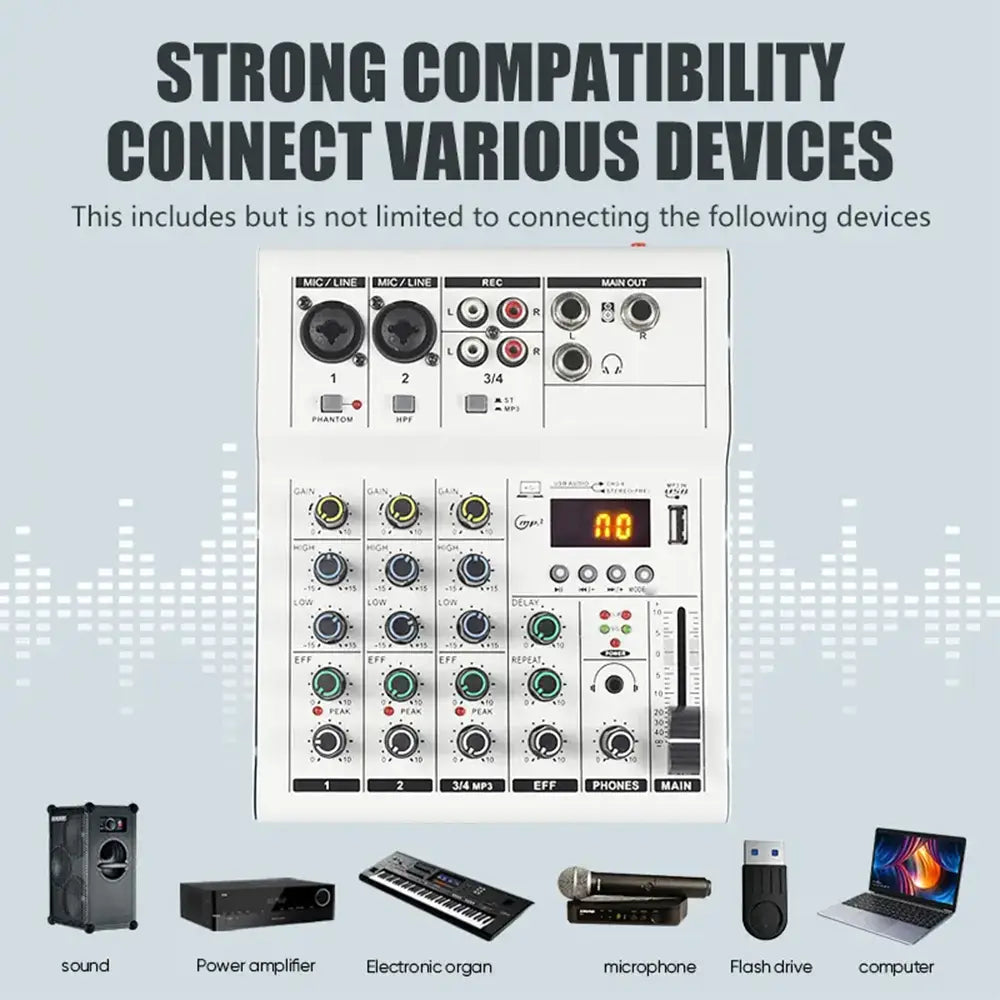 Professional 4 channel Audio mixer DJ karaoke Mixing Console With USB Interface Sound Card BT 48V for Karaoke Party PC Recording